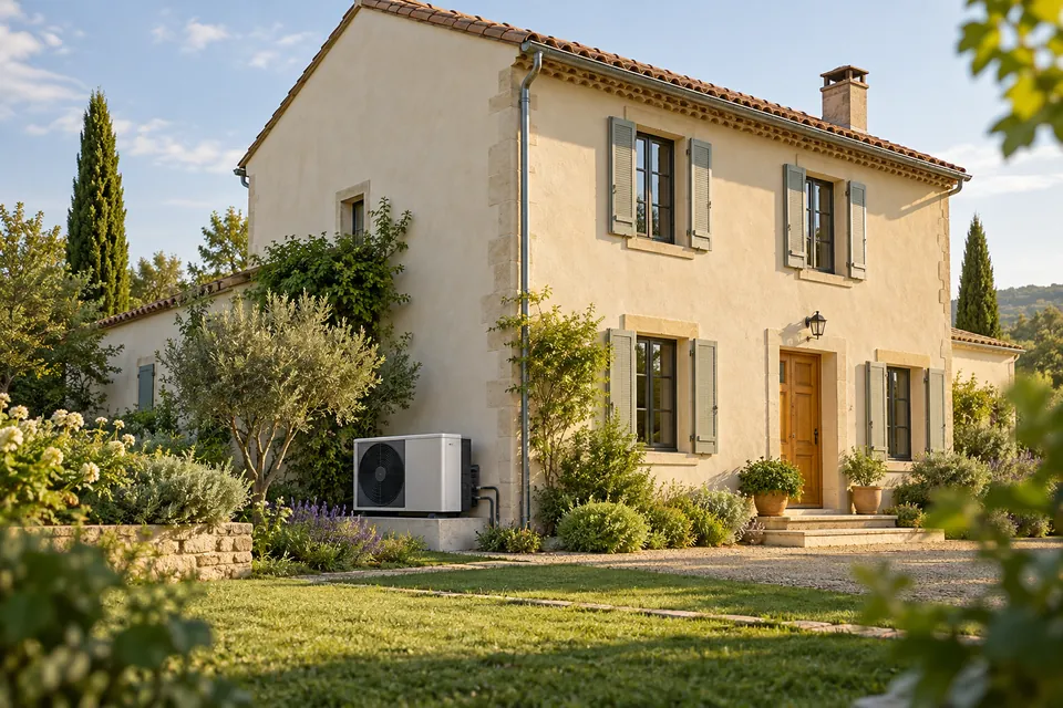 Illustration générée d’une maison avec une pompe à chaleur extérieure dans un jardin.